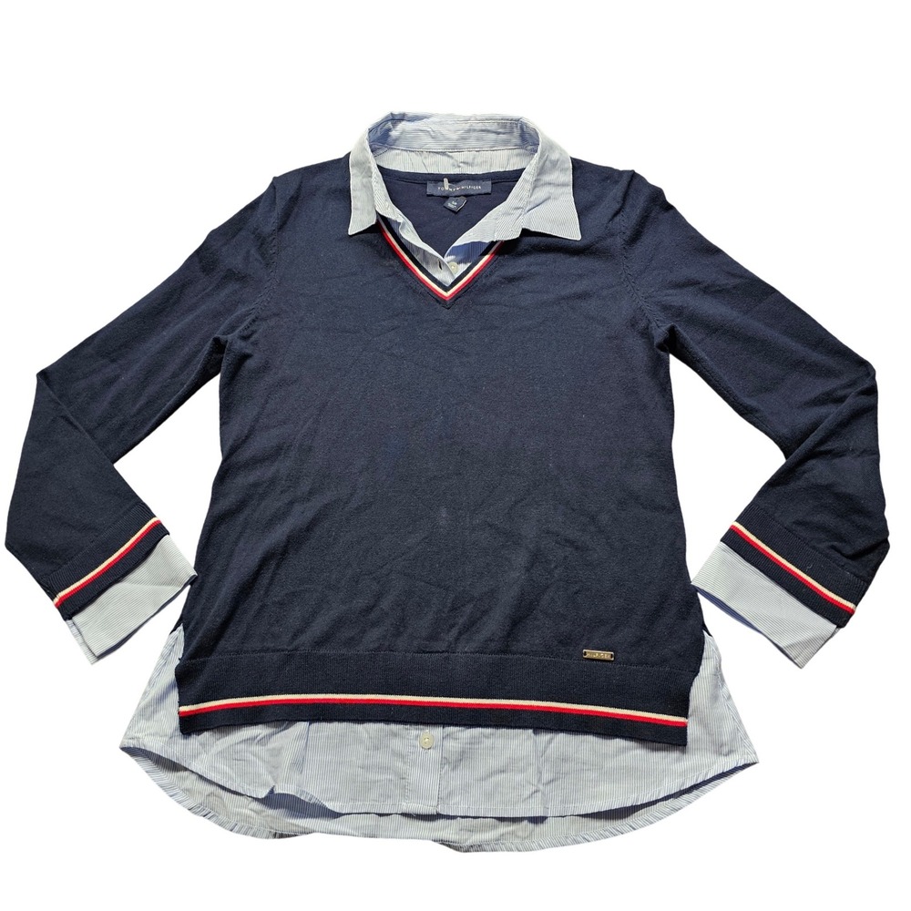 Tommy Hilfiger Womens Navy Blue Layered 2-in-1 V-Neck Sweater Striped Collar SP
